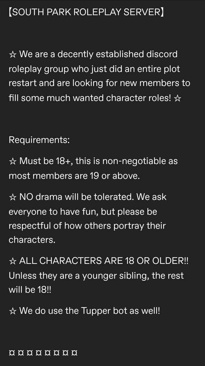 ImNotJustASpaz's tweet photo. Server update! Please message me if you're interested in this #southparkrp #southparkroleplay  group! https://t.co/uQQxyVCQKB