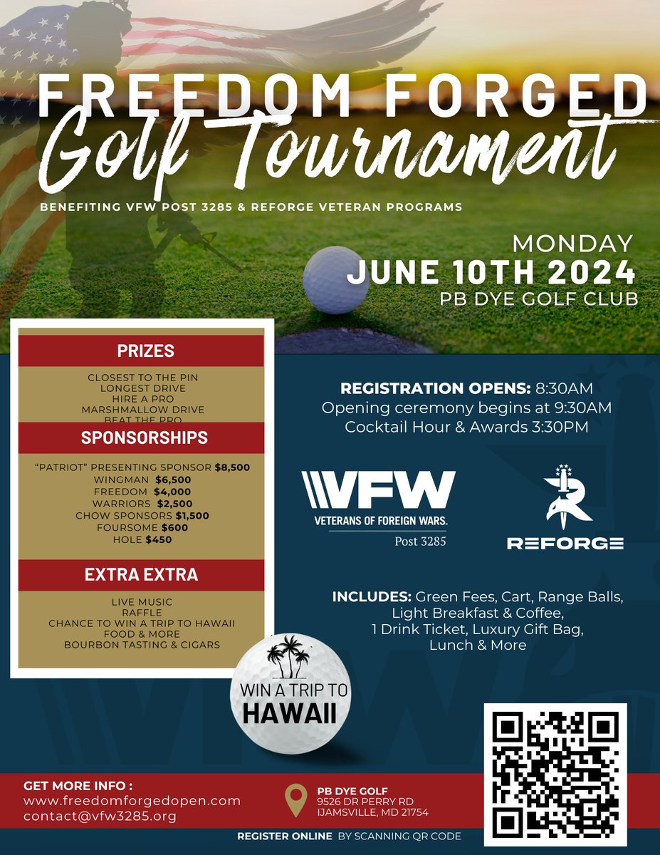 Calling all golfers! We are thrilled to host a golf tournament! Join us on Monday, June 10, 2024, for an exciting day of golf, great food, and fun prizes. Supporting the Frederick VFW new PostHome and Reforge! Sponsorship and registration information is at freedomforgedopen.com