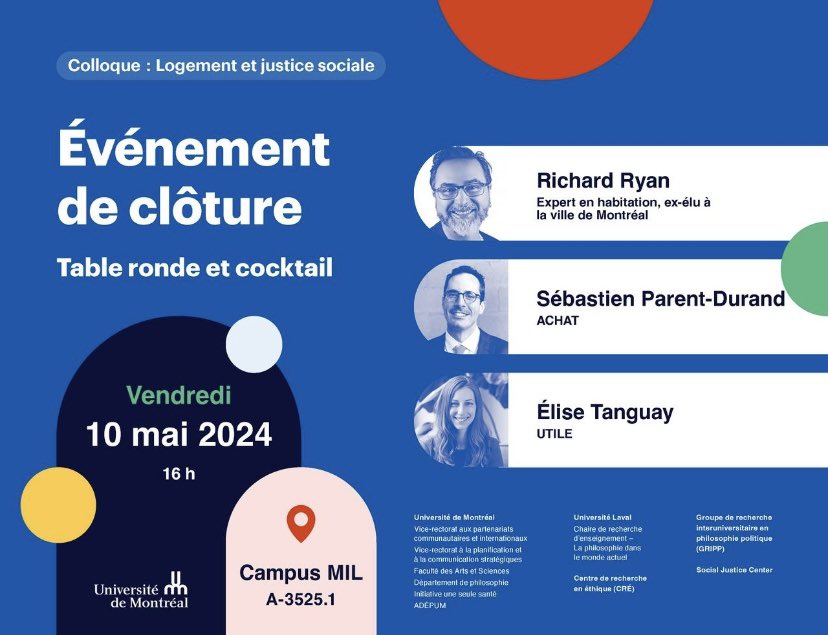Ce vendredi, notre directrice des affaires publiques, Élise Tanguay, interviendra au colloque « Logement et justice sociale »  organisé à l'UdeM.🏠
Cet événement est ouvert à tout le monde et ne nécessite aucune inscription préalable
Plus d'infos ici : bit.ly/44pWDIC