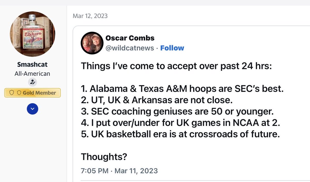 The morning after @KentuckyMBB⁩ was upset by ⁦@VandyMBB⁩ 80-73 in UK’s only 2023 SEC Tournament game in Nashville, I posted this Tweet. Pretty much the same situation a year later until Aptil arrived, wouldn’t you say? At the time of this tweet, Mark Pope was 50.