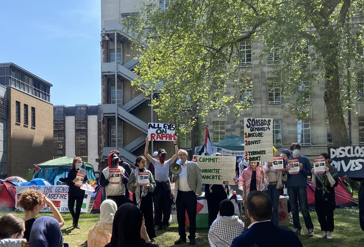 Proud to support the student encampment at @SOAS today. Well done for taking a stand against your institution’s complicity in Israel’s war crimes against the Palestinian people. You — and students around the world protesting for peace — have my full solidarity.