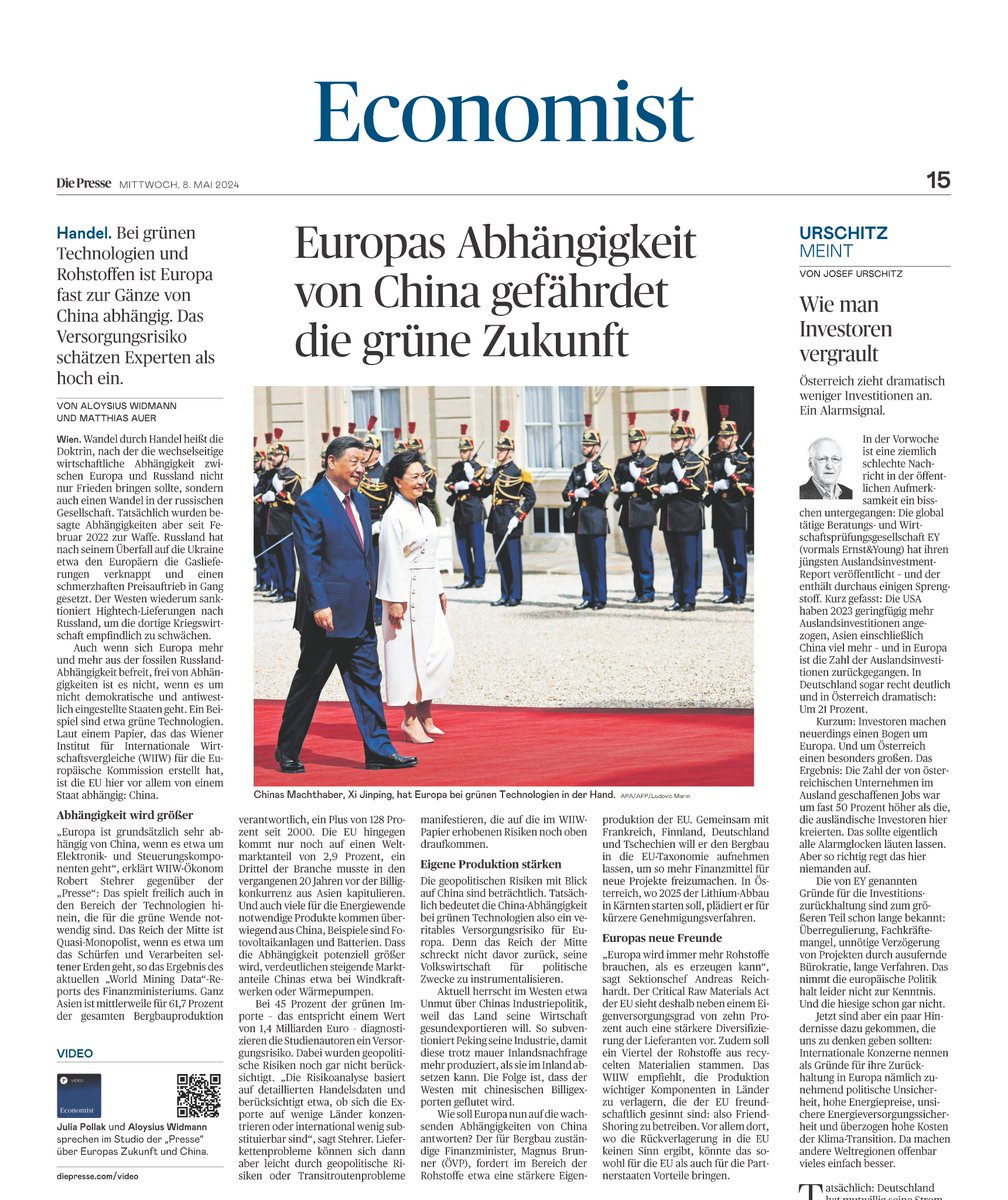 Wirtschaftsaufmacher in @DiePressecom mit unserem neuen Paper: Europas Abhängigkeit von China gefährdet d. grüne Zukunft. „Europa ist grundsätzlich sehr abhängig von China, wenn es etwa um Elektronik- und Steuerungskomponenten geht“, so @RobertStehrer. ➡️ shorturl.at/dsyJT