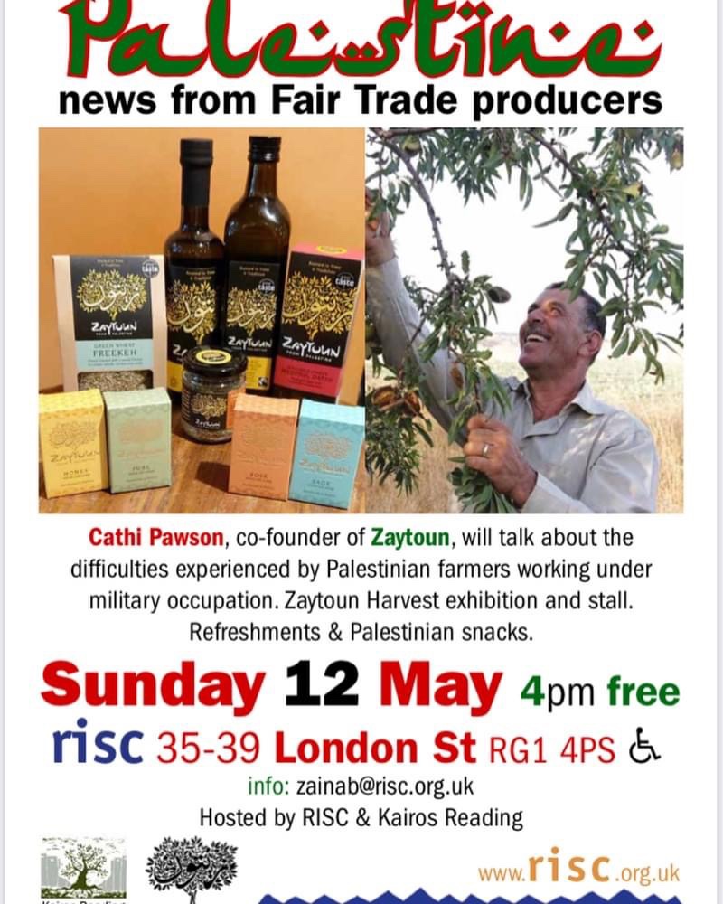 News from Palestine- The co-founder of @Zaytoun_CIC Cathi Pawson will be speaking at RISC this Sunday about the difficulties faced by Palestinian producers working under military occupation.