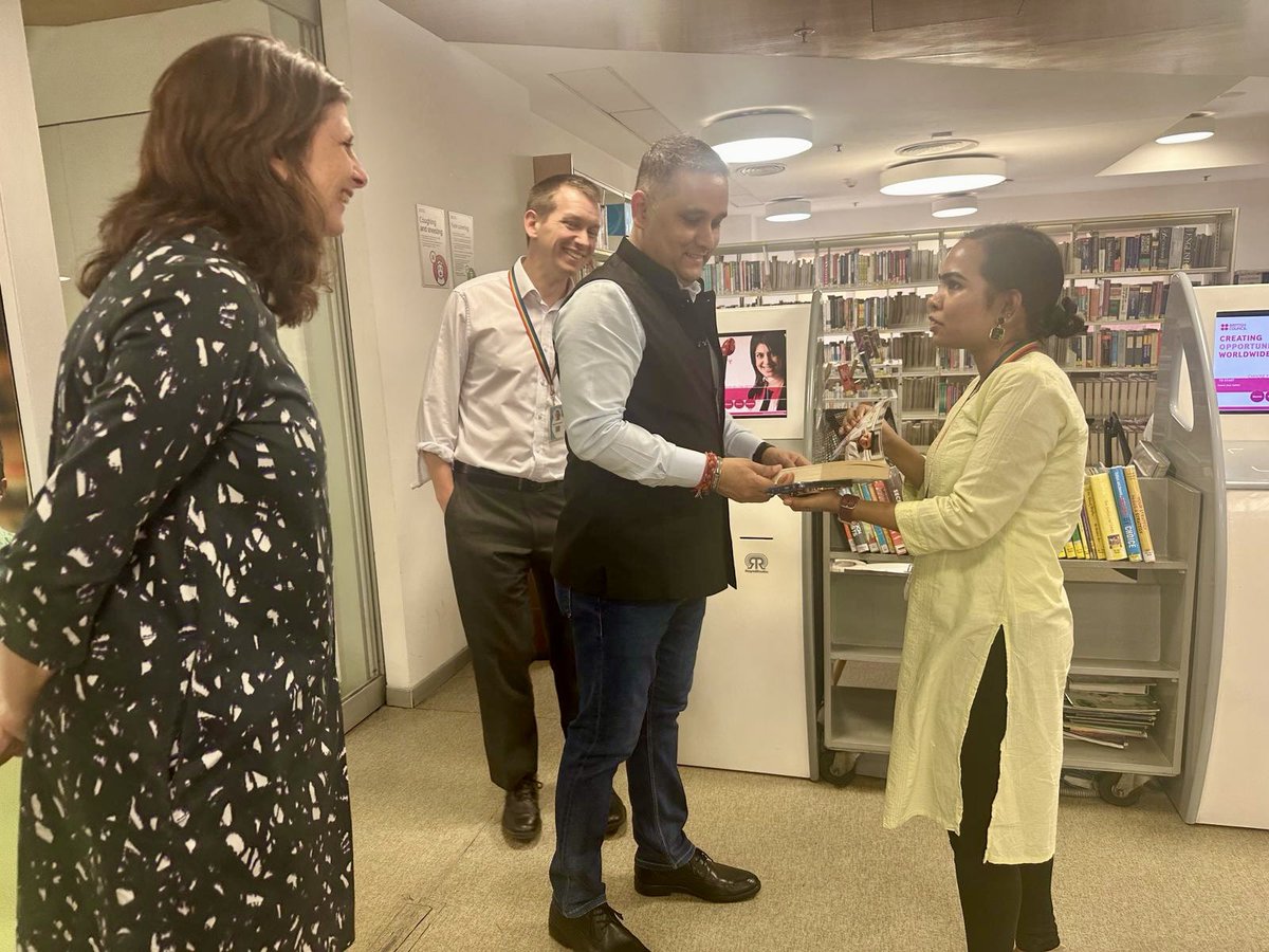 Thanks @authoramish for visiting @inBritish library and cultural centre today. Fascinating discussion as ever on #culture #history #writing with @CScottFCDO All your books were checked out but our library manager #AnupamaSaini was delighted to get her own copy signed!