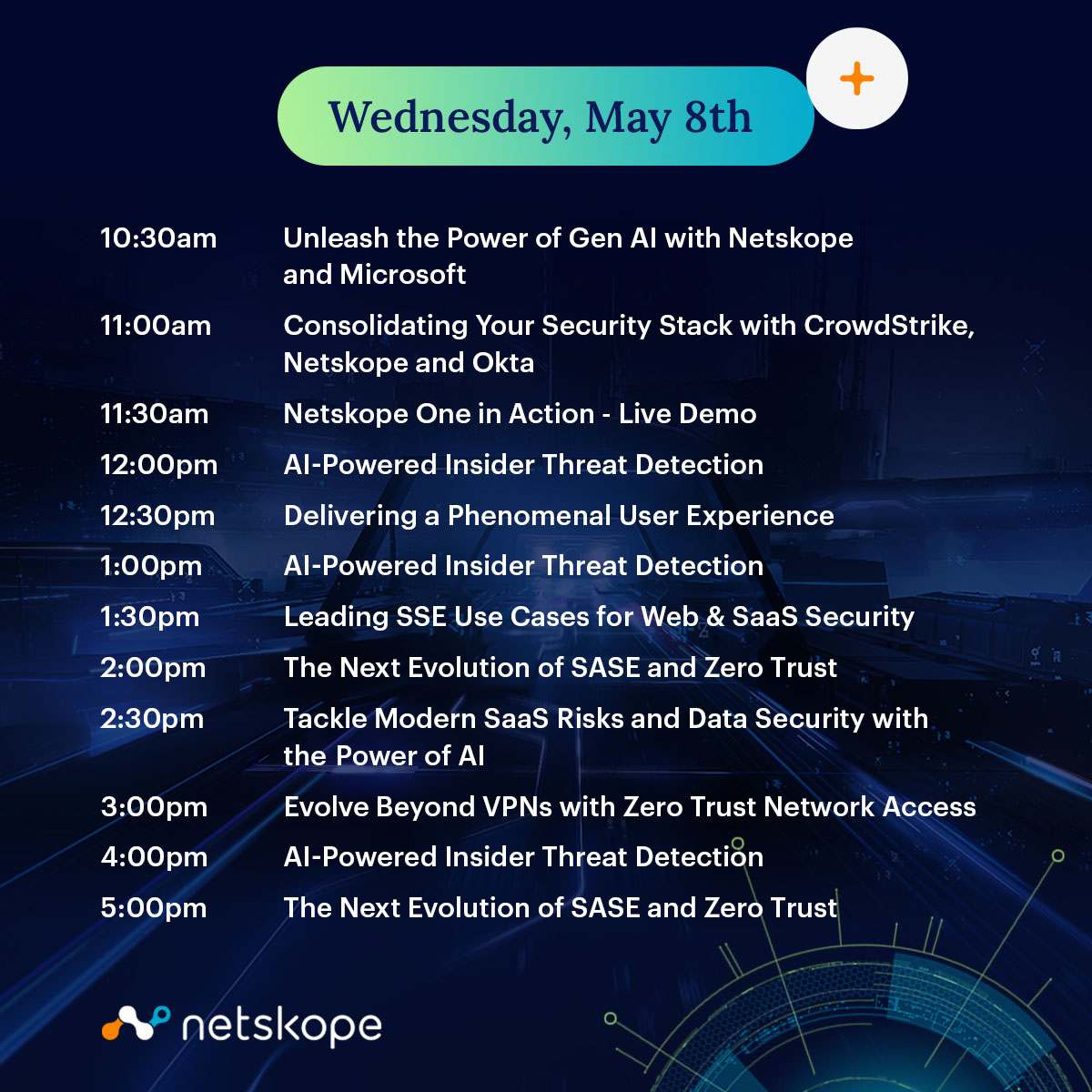 💥 We've hit the midway point of #RSAC. If you haven't had a chance yet, be sure to stop by the Netskope booth to experience the next evolution of #SASE and #ZeroTrust. 📍 Booth #1035, Moscone South 💡 Pro tip: Save this post for easy access to the schedule throughout the day.