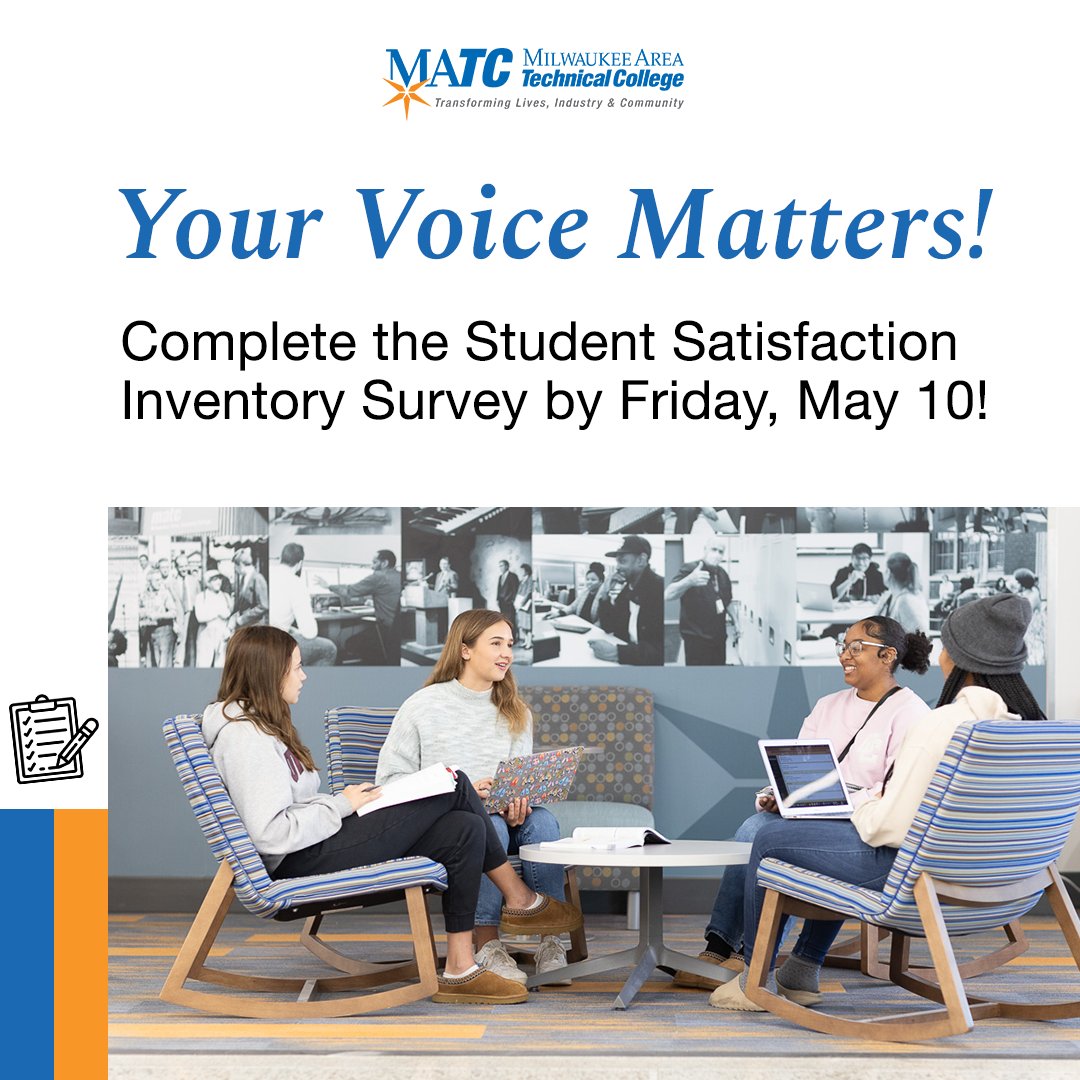 Your Voice Matters!! The Student Satisfaction Inventory survey is open through Friday, May 10! Complete the survey and be entered to WIN some amazing prizes! What would you like to see changed? Let us know by filling out the survey here: bit.ly/3Utxmc1 #ProudToBeMATC