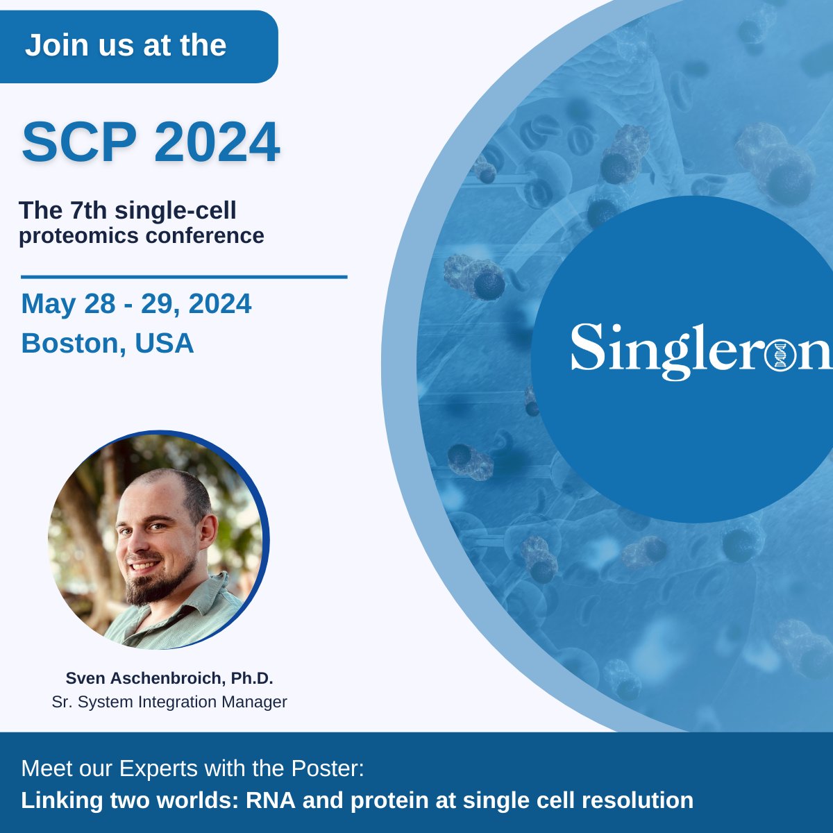 Join our expert Sven Aschenbroich @SCP_meeting 🧬 
Our poster explores bridging the worlds of RNA and protein at single-cell resolution, fueling innovative research projects. 
Don't miss out!

#SCP2024 #SingleCell #PrecisionMedicine #RNA #Protein