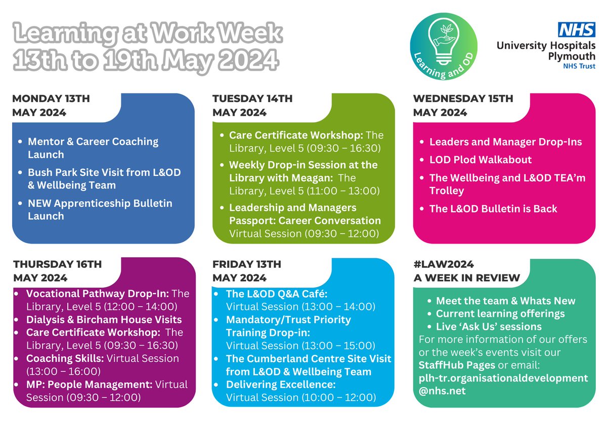 National learning at work week with the @UHP_NHS Learning and Organisation Development Team 13 - 19 May. We are showcasing the wide range of L & D offers. See below 👇 or visit the news feed pages on Staff Hub for more info #LAW24 #LearningAtWorkWeek
