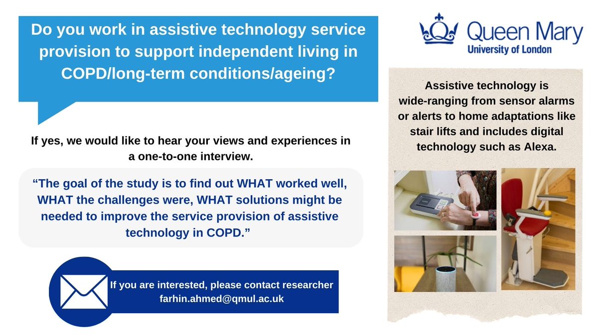 Have your say! 📢

We are looking to speak to professionals that work in the field of #assistivetechnology in relation to long term conditions or ageing in a one-off interview.

Find out more: 👇