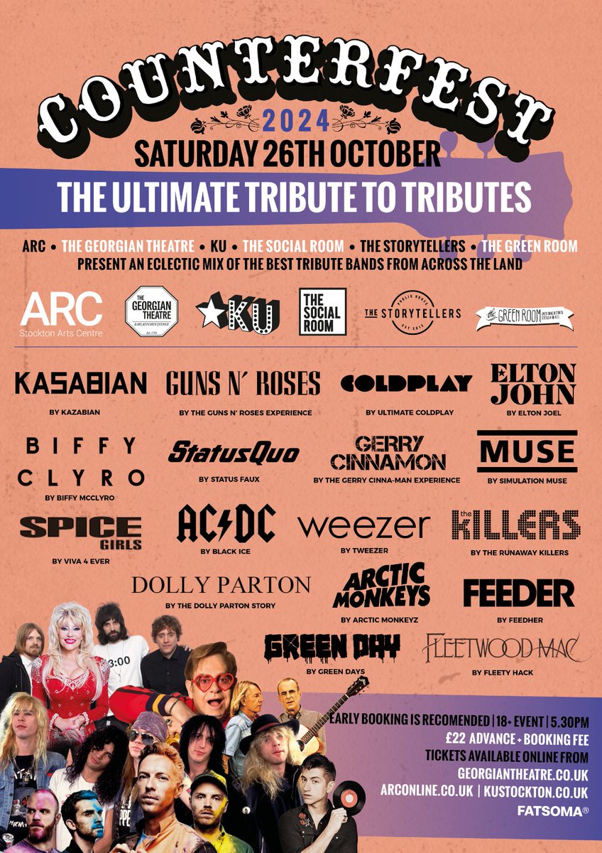 Counterfest, the ultimate tribute to tributes, returns on Saturday 26th October. 🙌 Some of the UK's top tributes to legendary acts head to Stockton this October, performing across 6 stages!💃🕺 🎟 georgiantheatre.co.uk/live-event/ven…