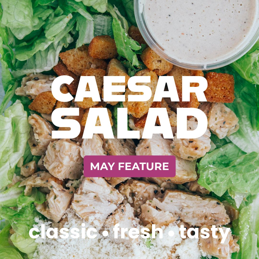 CAESAR SALAD HAS ENTERED THE BUILDING 🥗 Grilled chicken, sharp parmesan, and savory croutons over crispy romaine with our house Caesar Dressing – need we say more? #Classic