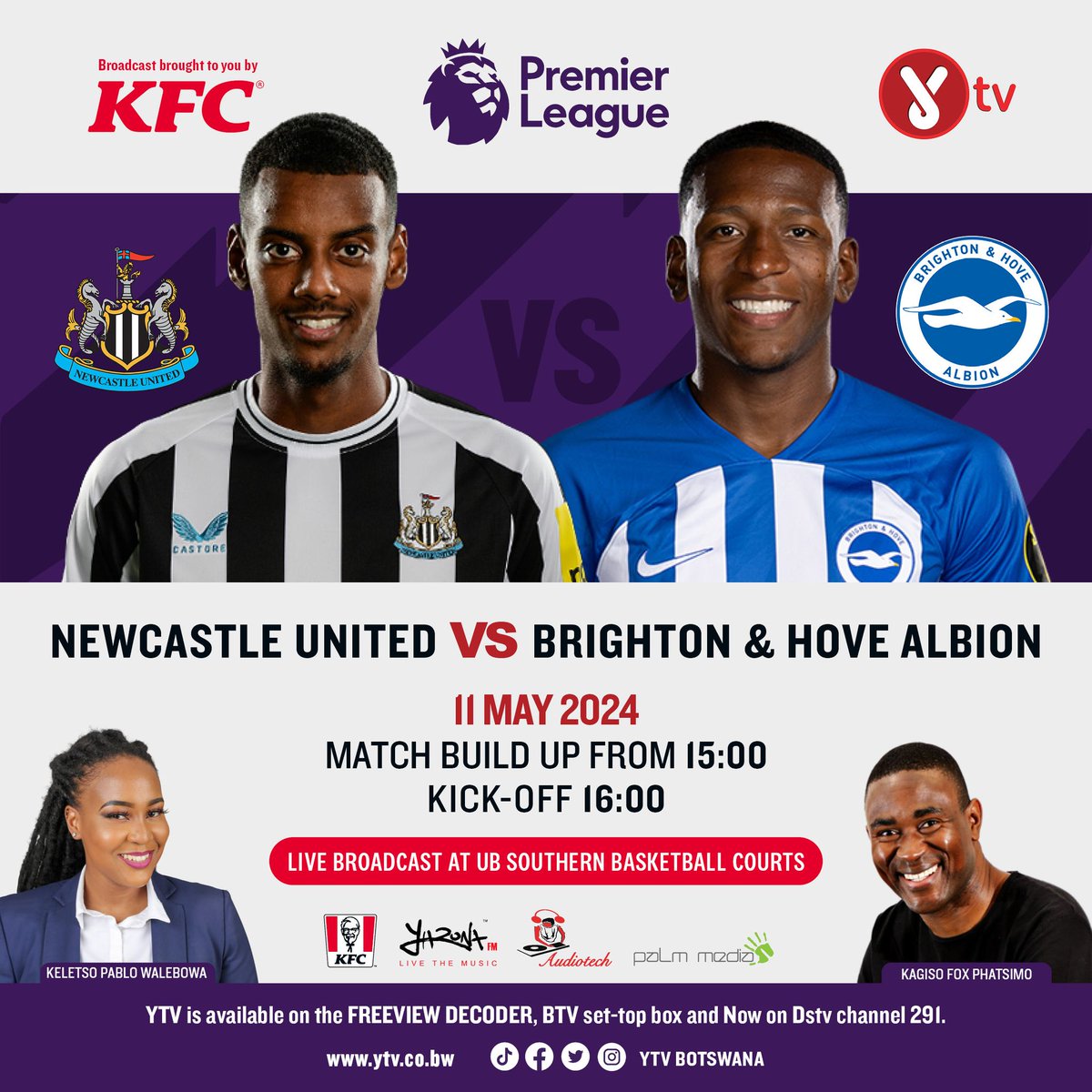 Join us as we bring you the showdown between Newcastle United and Brighton & Hove Albion. 📷 Tune in for the match build-up starting at 3pm, followed by the kick-off at 4pm. Don't miss a moment of the action! 

#eplbroadcastonytv
#ytvbotswana
#ytvwhereentertainmentlives