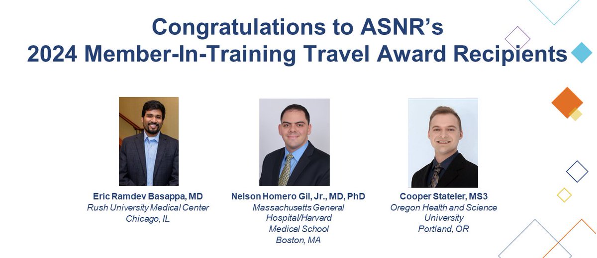 Congrats to our #ASNR24 Member-In-Training Travel Award recipients! 10 travel awards were given to top-ranked abstract authors, & awards included waived registration to ASNR24 & $1,000. View all winners here: ow.ly/WUIa50RvQOV @Rajagopalan_Pri #Neurorad #MedEd #RadRes