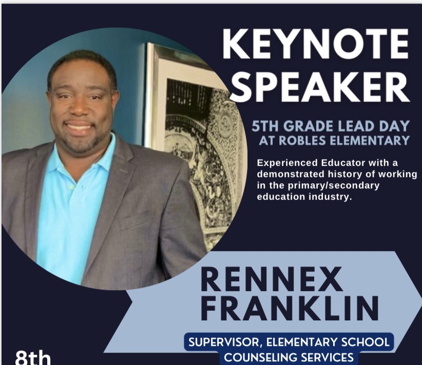 MrFranklin400's tweet image. Sending my deepest gratitude to @SCRobles17 and the @RoblesES_Eagles team for inviting me to speak to your Ss during “Lead Day!” Remember to Listen, Earn, Achieve, and Dream! Best wishes 5th Grade LEADERS! 💯💯💯