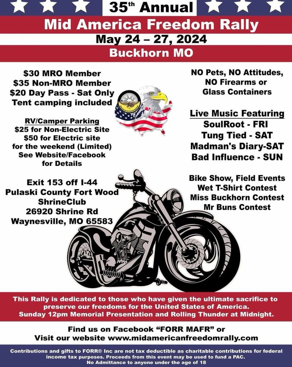 35th annual Mid America Freedom Rally May 24-27 in Buckhorn, MO. Live music, camping, wet t shirt contest, bike games
#motorcyclerally #bikerrally #midamericafreedomrally #motorcycle #freedomrally #biker #bikerbabe #memorialdayweekend #motorcycleclub #wettshirtcontest #missouri