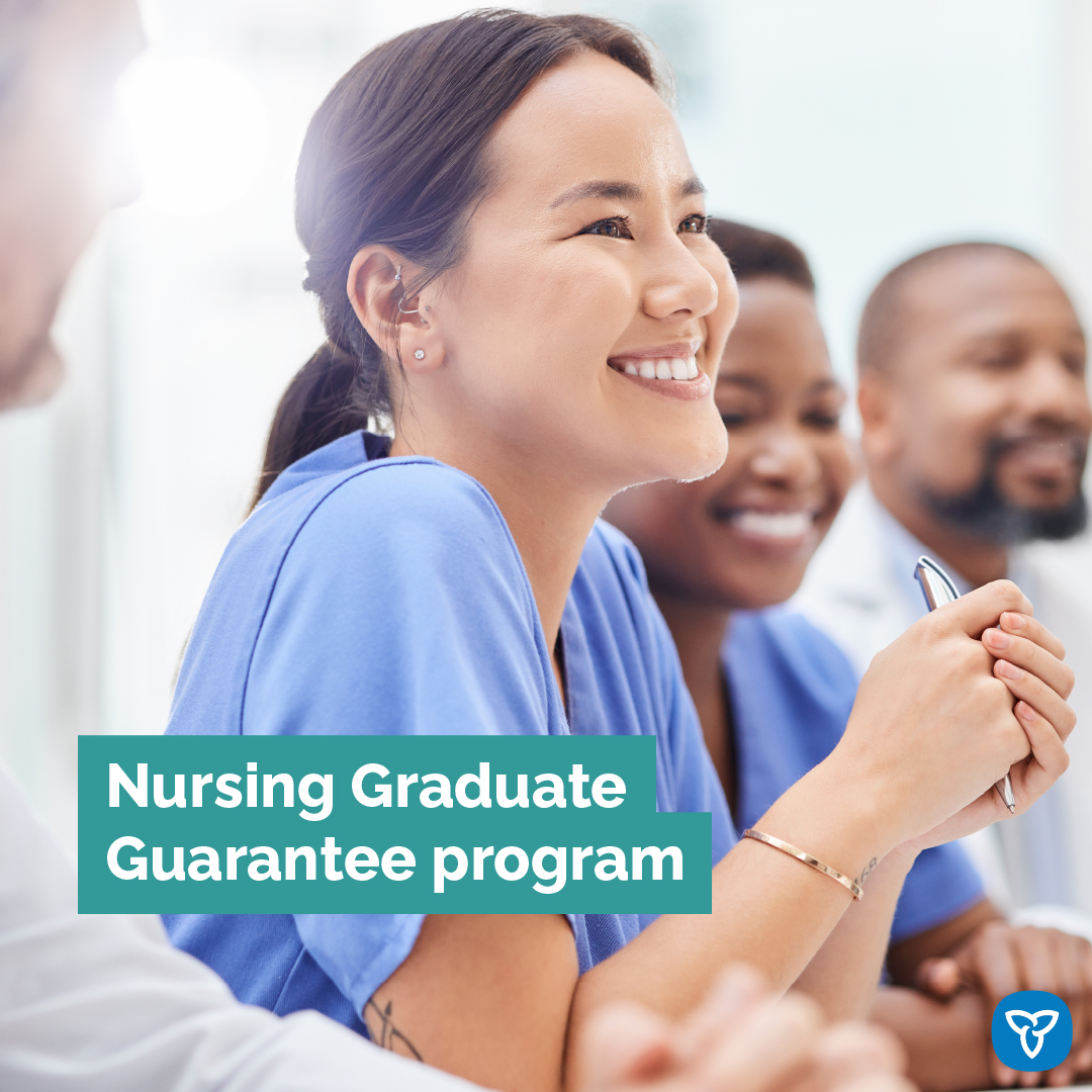 Calling all nursing graduates! Have you heard about the Nursing Graduate Guarantee? This program supports those who are within 12 months of registering with the @collegeofnurses by providing them with a full-time job opportunity. Learn more: ontario.ca/page/health-hu…