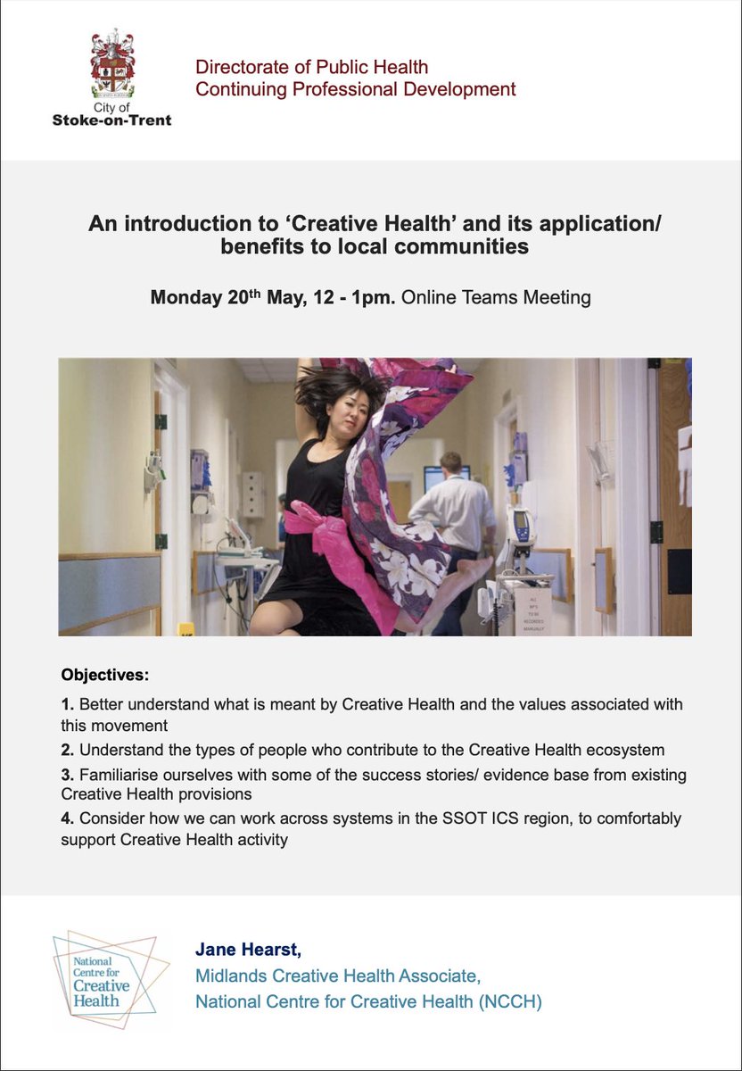 Looking forward to presenting this Introduction to #CreativeHealth at the Stoke-on-Trent #LunchAndLearn, taking place in Creativity and Wellbeing Week (@CHWAlliance). 

Thank you to @sguntherph and Padmanabhan Badrinath, @SoTCityCouncil, for the opportunity.
