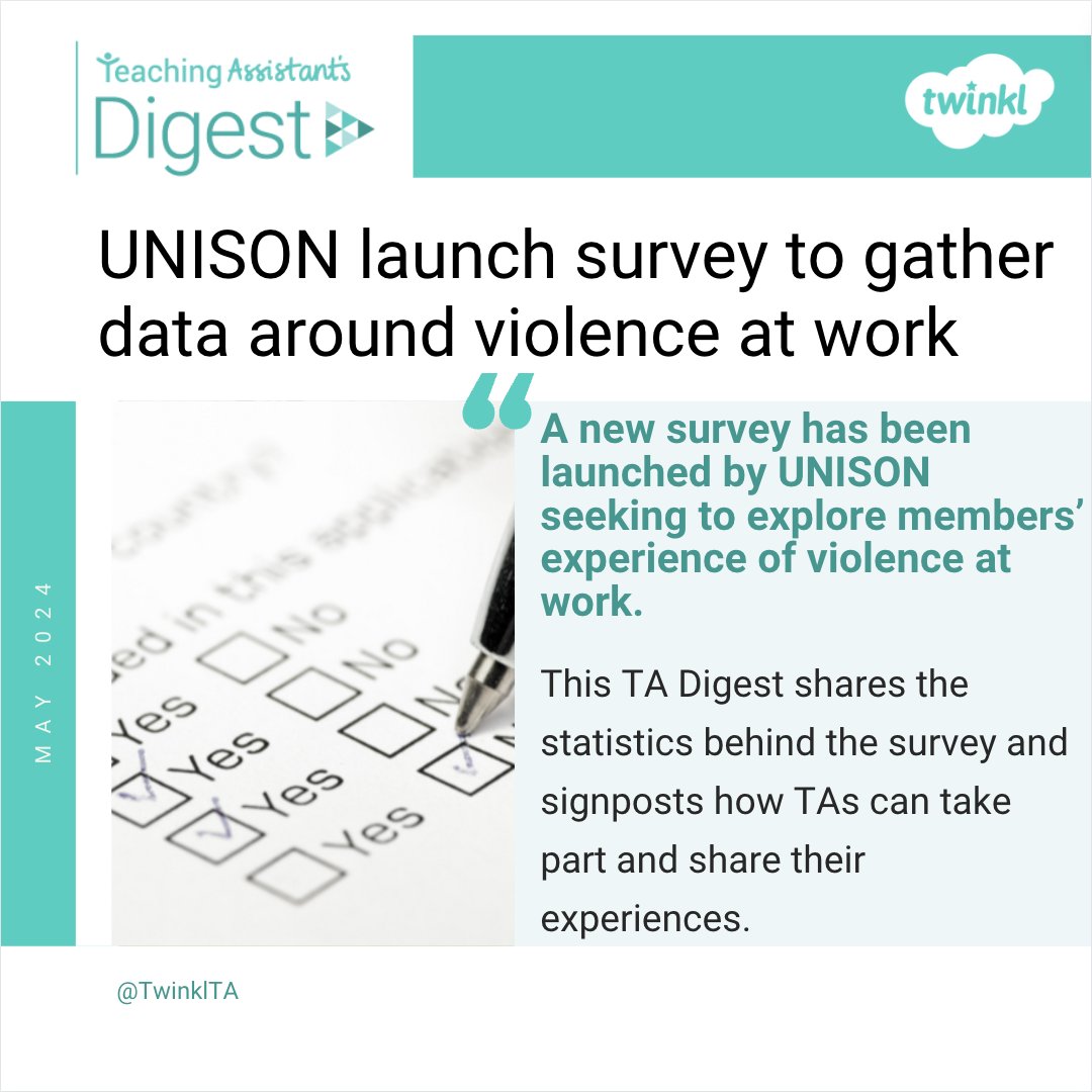 UNISON have launched a survey to gather data about violence at work allowing its members to influence future campaigns and initiatives by sharing their experiences. Find out how you can get involved in the survey: twinkl.co.uk/l/edqs3