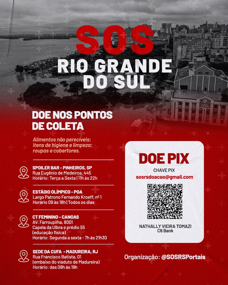 coldplaybrasil's tweet photo. ⚠️ SOS RIO GRANDE DO SUL

Vendo a necessidade urgente de ajuda para o RS, portais brasileiros de alguns artistas se juntaram pra alcançar o máximo de pessoas possíveis.

Nossa ideia inicial é fazer uma vaquinha online e dividir o que for arrecadado em duas partes! A primeira seria destinada a ir ao mercado e comprar coisas para montar kits de higiene e distribuir para o máximo de famílias que conseguirmos e a outra metade nós faríamos doações para a instituição de animais de Campo Bom (@/campobompracachorro)!

Vamos prestar conta da vaquinha, mostrar as notas fiscais do supermercado onde as coisas serão compradas e principalmente tirar foto dos kits que serão montados.

Aos fãs que ESTÃO no Rio Grande do Sul e que não estão em área de risco, se puderem ajudar com doações de roupas de frio, cobertores ou quaisquer coisas que vocês acharem necessário, estamos dispostos a marcar um ponto de encontro para pegar essas peças e doar juntamente com os kits para as famílias. 

A chave pix: sosrsdoacao@gmail.com - Nathally (C6)

Se você não puder ajudar financeiramente, ajude com seu RT!

#AjudaRioGrande #SosRioGrandeDoSul
