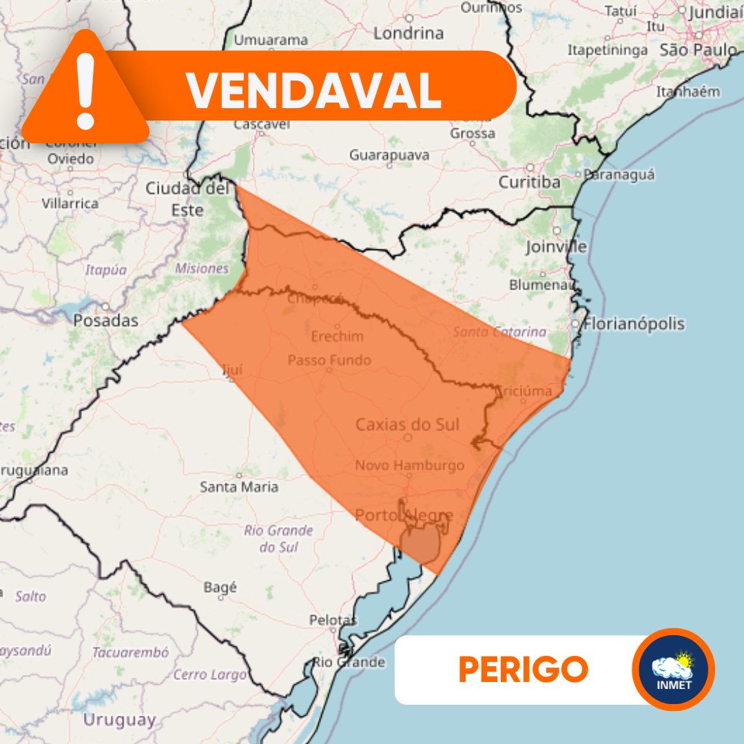⚠️ #Atenção: Previsão de vendaval, hoje (8), em áreas do RS, SC e PR. Os ventos podem chegar a 100 km/h. 🟠 Confira o aviso laranja (perigo) 👉 alertas2.inmet.gov.br/47364 #vendaval #vento #previsão