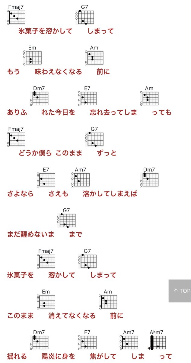 氷菓の弾き語り用コードを置いておきます。

ギター初心者でも弾ける運指の簡単なコードで構成しているのでぜひ挑戦してみてね🧊