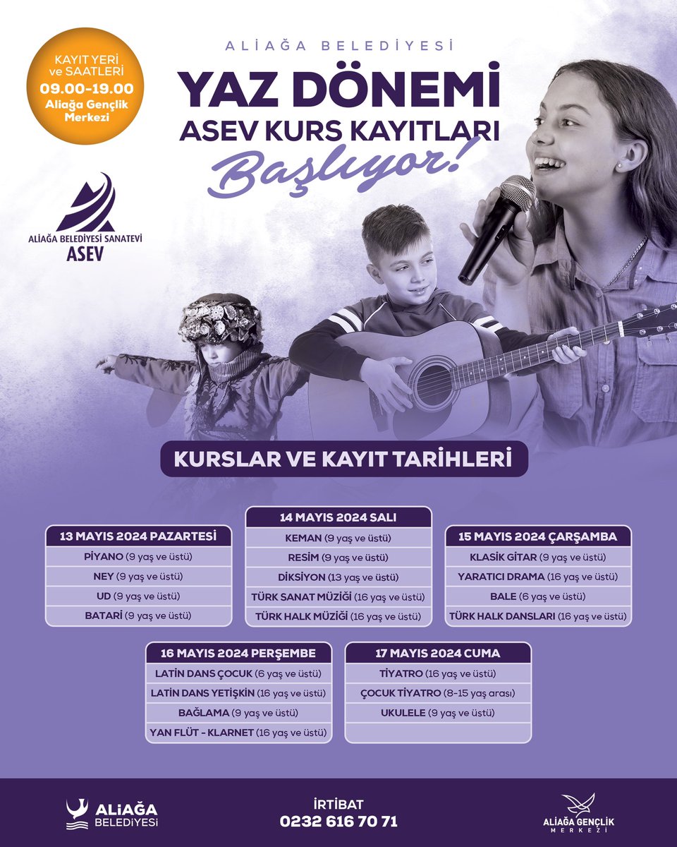 Aliağa Gençlik Merkezi ASEV Yaz Dönemi Kurs Kayıtlarımız Başlıyor 🎶🎤🎹 🗓️ 13-17 Mayıs 📍 Aliağa Gençlik Merkezi 🕘 09.00-19.00 #Aliağa #AliağaBelediyesi #SerkanAcar #İzmir #ÜretkenBelediyecilik #Asev #Kültür #Sanat