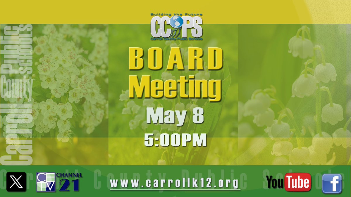 The Board of Education of Carroll County will meet today at 5:00 p.m. at the Board offices in Westminster. Livestream the meeting at bit.ly/3UhG0YE.
