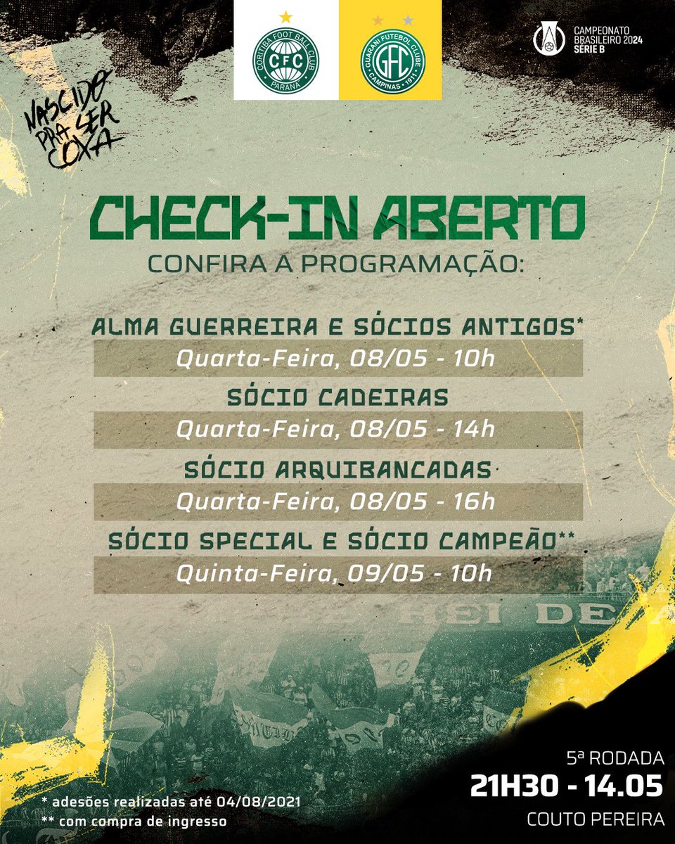 Check-in aberto! 🏟️✅ Garanta já a sua presença para o jogo contra o Guarani, na próxima terça-feira (14), pela 5ª rodada do Campeonato Brasileiro Série B. Seja Sócio Coxa e faça o seu check-in. #NascidoPraSerCoxa #PraCimaDelesVerdão