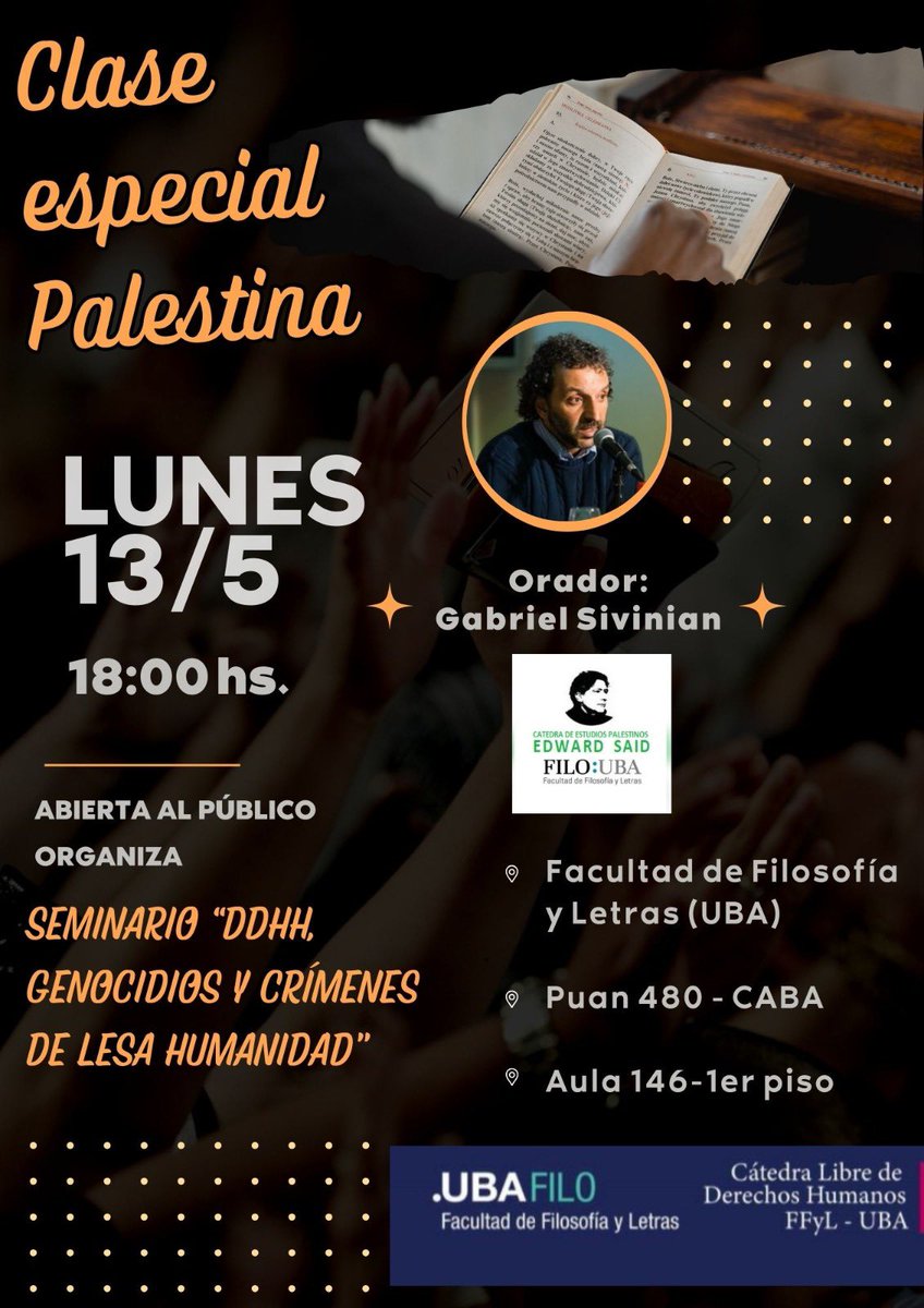 Cat. Libre de DDHH (@catddhh) on Twitter photo El lunes 13 de mayo pensamos la situación de Palestina en <a href="/filo_uba/">Facultad de Filosofía y Letras UBA</a> El lunes 13 de mayo pensamos la situación de Palestina en <a href="/filo_uba/">Facultad de Filosofía y Letras UBA</a>