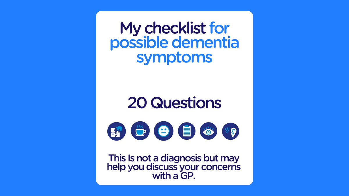 Worried about dementia symptoms? We have a 20 question checklist about possible symptoms or behaviours relating to dementia. This is not a diagnosis but may help you discuss concerns with a GP. Know what to look out for using our symptom checklist at: spkl.io/60114Nmox