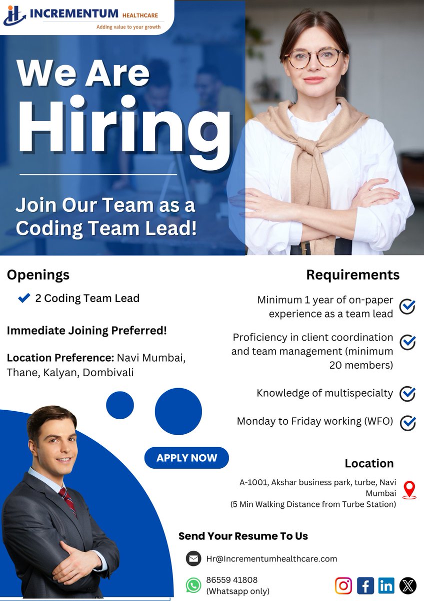 IncrementumHC's tweet image. Join our team as a Coding Team Lead and embark on an exciting journey of growth and innovation.

Send Your Resume At
Hr@Incrementumhealthcare.com

#JoinOurTeam #CodingLeadership #OpportunityAwaits #hiring #jobs #jobsearch #recruitment #job #nowhiring #recruiting #career