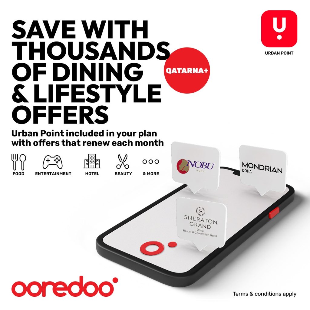 🔴 From fine dining to luxury spas, enjoy thousands of offers with a complimentary Urban Point subscription included in your Qatarna+ plan. Subscribe now to start saving! For more details, visit ore.do/qatarna-en . T&Cs apply. #UpgradeYourWorld #Ooredoo