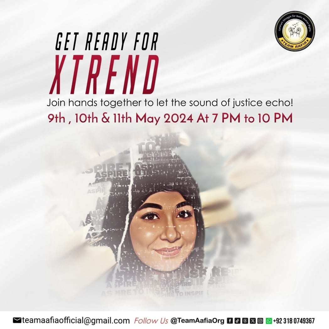 Get ready for an X trend! Join hands together to let the sound of justice echo! 9th , 10th & 11th May 2024 At 7 PM to 10 PM #21YearsOfShame Team Aafia Official @TeamAafiaOrg_ #ReleaseAafia #IAmAafia #AafiaSiddiqui #FreeDrAafia #TeamAafia #HumanRights FMC Carswell