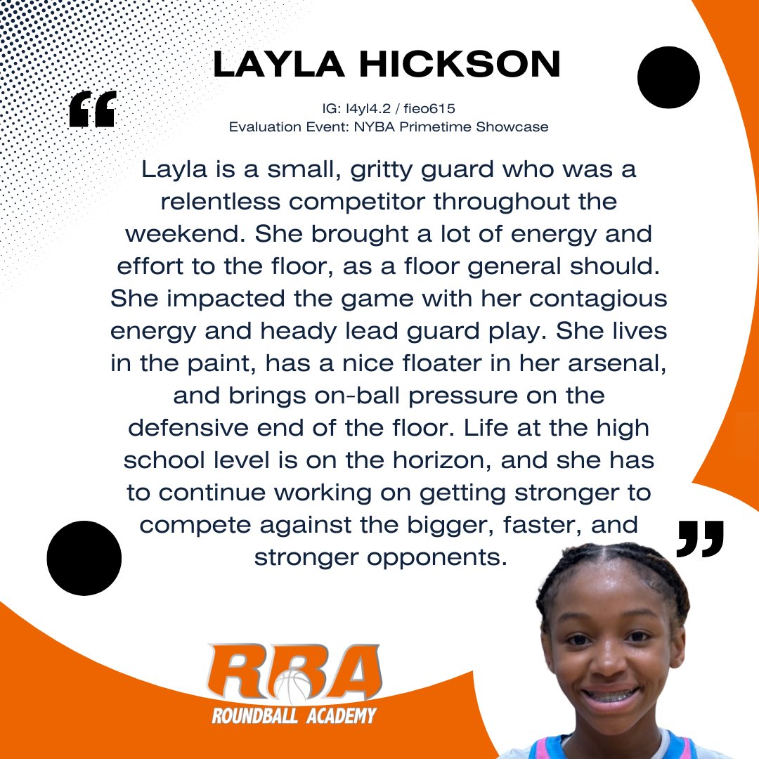 Layla Hickson (5'0/CG/'28/FIE) is a young prospect who is a developing lead guard who competes on both ends of the floor.        #RBANoticeables #RoundballAcademy #RBA #TerryDrakeBasketball #TerryTalks @essencegirlsbb @NYBABasketball