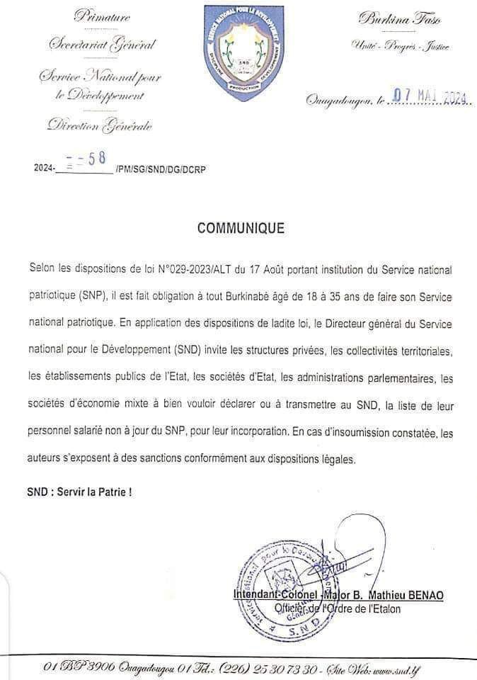 #Burkina 🇧🇫 : Selon les dispositions de loi N°029-2023/ALT du 17 Août portant institution du Service national patriotique (SNP), il est fait obligation à tout Burkinabe âgé de 18 à 35 ans de faire son Service national patriotique. 

#Lwili