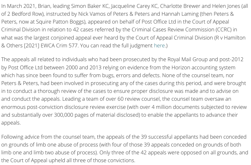 #PostOfficeInquiry Just thought I'd grab a screenshot of Brian Altman' reference on his web page to the Appeal Court hearing for posterity as it may disappear 2bedfordrow.co.uk/barrister/bria…