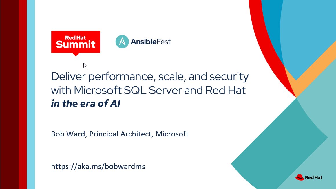 2nd day of the #RHSummit and I'm doing a lightening talk. I'm talking about #sqlserver, #ansible, #openshift, #dh2i, and #ai. events.experiences.redhat.com/widget/redhat/…