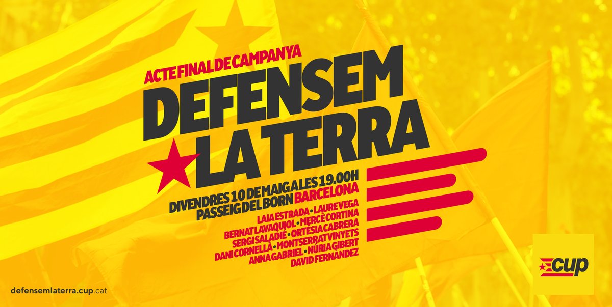 ACTE FINAL DE CAMPANYA A BARCELONA 

LAIA ESTRADA /// LAURE VEGA /// BERNAT LAVAQUIOL /// MERCÈ CORTINA /// SERGI SALADIÉ /// ORTÉSIA CABRERA /// DANI CORNELLÀ /// MONTSERRAT VINYETS /// ANNA GABRIEL /// NÚRIA GIBERT /// DAVID FERNÀNDEZ 

🗓️ Divendres 10 de maig
⌚️ 19h 
📍