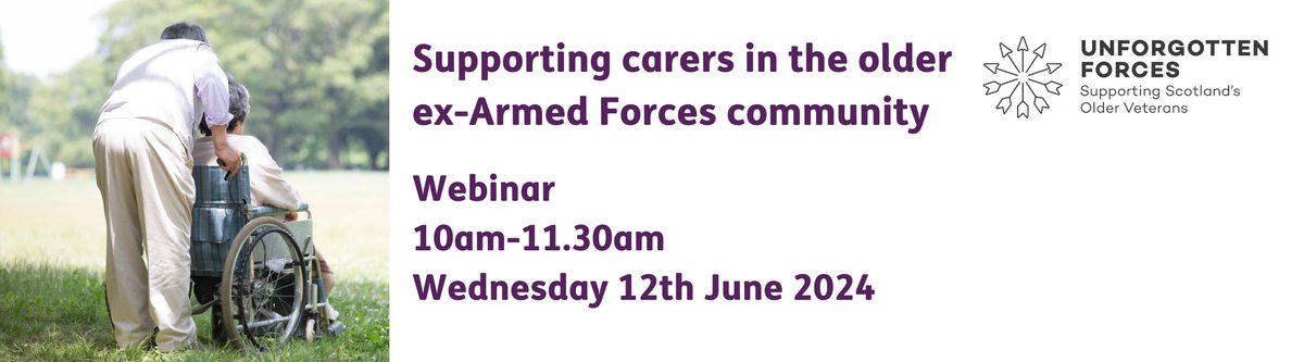 We're hosting a webinar to mark Carers Week 2024 on 'Supporting Carers in the Older Ex-Armed Forces Community, featuring @CarersScotland and @AgeScotDementia. Wed 12th June 10am-11.30am. Book here bit.ly/CaresExArmedFo…