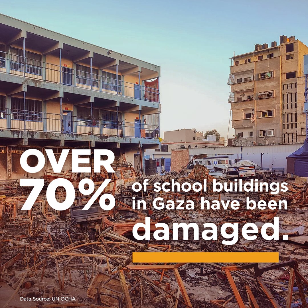 Over 70% of Gaza's school buildings have been gravely damaged. Even in war, education must remain respected and protected. Schools are never a target. Students are never a target. Teachers are never a target. #NotATarget