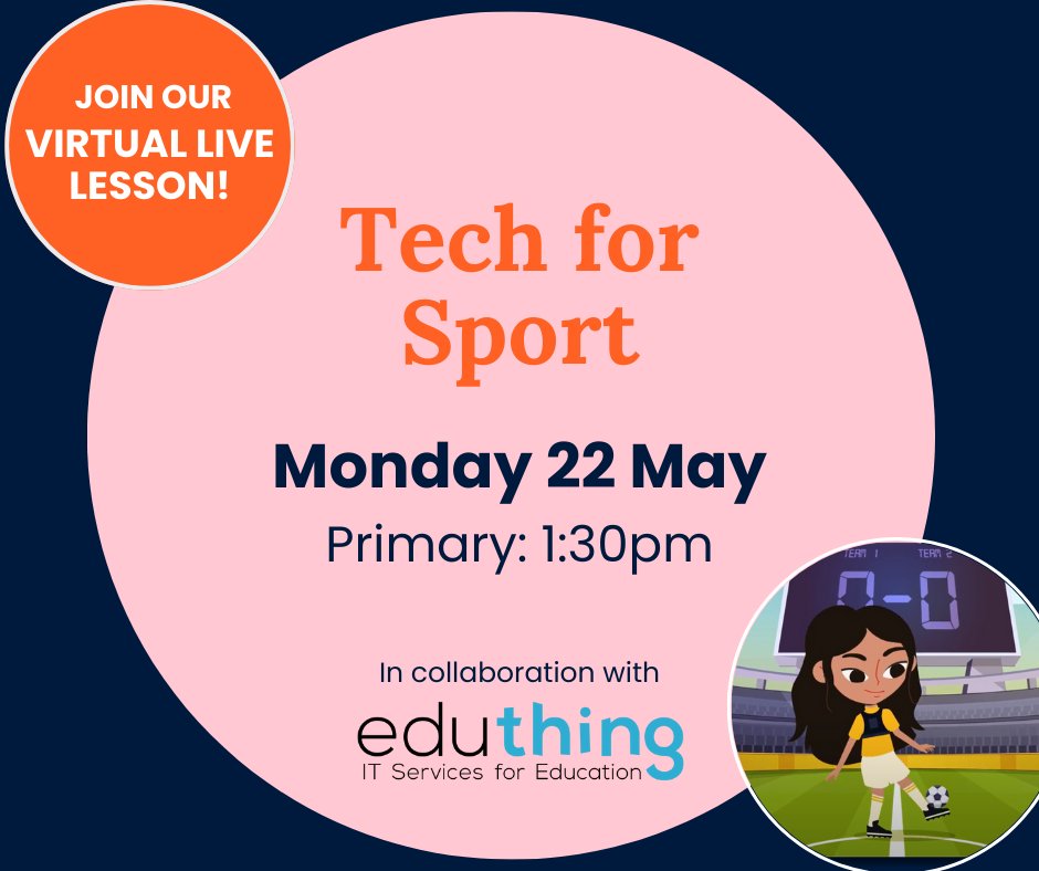 Got sports fanatics and future sports stars in your classroom?🌟Dive into our free virtual lesson on Wed, May 22nd at 13:30! 🚀 Geared for children aged 7-11. In partnership with @eduthingltd. Register now: techshecan.org/live-assemblies⚽🏏🎾 #VirtualLesson #TechWeCan