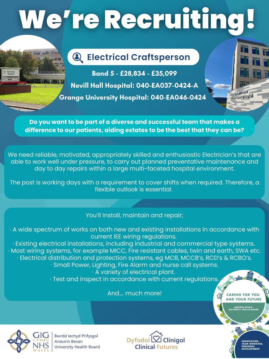 We're Recruiting! Electrical Craftsperson Do you want to be part of a diverse and successful team that makes a difference to our patients, aiding estates to be the best that they can be? NHH - healthjobsuk.com/job/UK/Newport… GUH - healthjobsuk.com/job/UK/Newport…