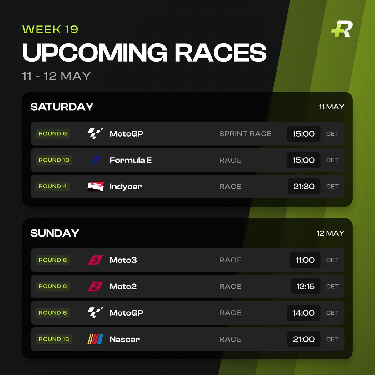 Your motorsport schedule week 19 
•
•
•
•
#motogp #moto2 #moto3 #formulae #indycar #nascar #lemans #berlingp