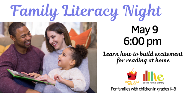 Come to EPL on May 9 at 6:00 pm for tips on how to get your kids excited about reading. This Cuyahoga Reads program will show you games, music, and art. For families with kids in grades K-8. Learn more about Cuyahoga Reads, at: cuyahogareads.org #reading #OurEuclid