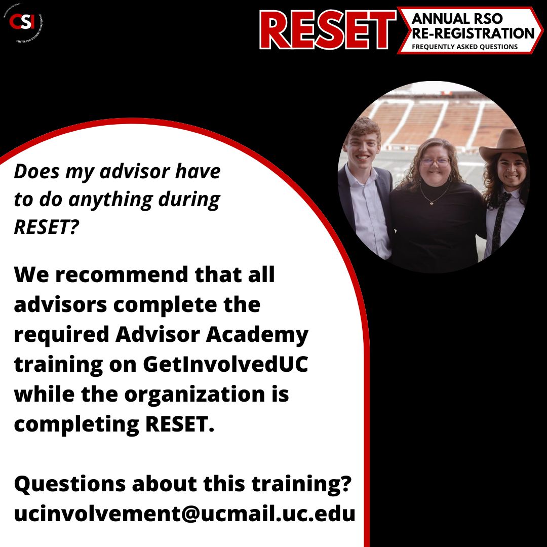 CSI (@uc_involvement) on Twitter photo ‼️ RESET: Annual RSO Re-Registration has begun ‼️
We ask that all RSO's complete an annual “RESET” to provide information about your organization, leadership, and other compliance paperwork. Questions? Email ucinvolvement@uc.edu ‼️ RESET: Annual RSO Re-Registration has begun ‼️
We ask that all RSO's complete an annual “RESET” to provide information about your organization, leadership, and other compliance paperwork. Questions? Email ucinvolvement@uc.edu