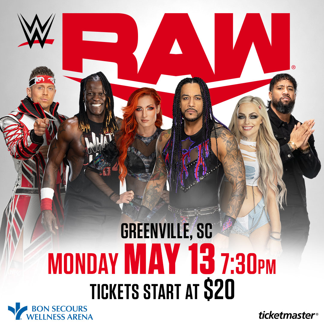 💥WWE MONDAY NIGHT RAW IS MAY 13 AT THE WELL! Visit the link in our bio to get tickets or stop by The GSP Airport Box Office.