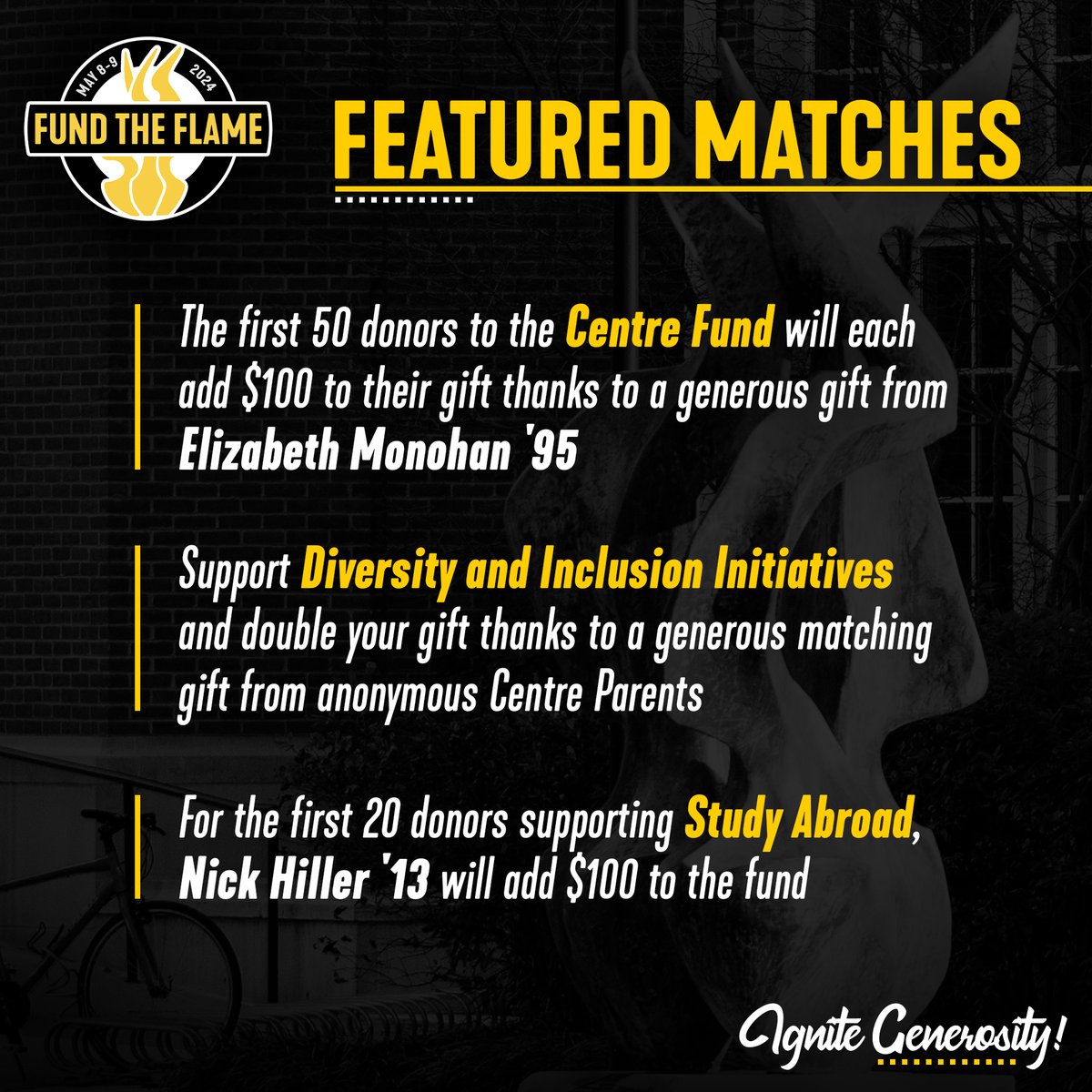 Let's start off Fund the Flame with some featured matches!

Your gift to the 𝗖𝗲𝗻𝘁𝗿𝗲 𝗙𝘂𝗻𝗱, 𝗗𝗶𝘃𝗲𝗿𝘀𝗶𝘁𝘆 𝗮𝗻𝗱 𝗜𝗻𝗰𝗹𝘂𝘀𝗶𝗼𝗻 𝗜𝗻𝗶𝘁𝗶𝗮𝘁𝗶𝘃𝗲𝘀, or 𝗦𝘁𝘂𝗱𝘆 𝗔𝗯𝗿𝗼𝗮𝗱 can count for more thanks to these generous matches!

givecampus.com/gof65s