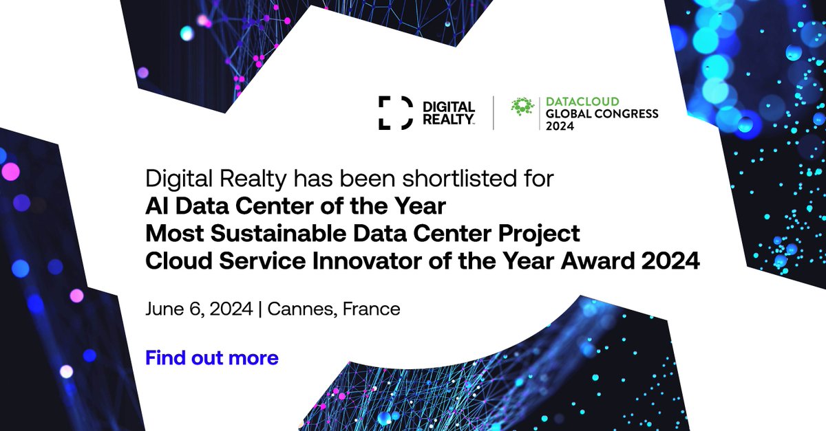 Digital Realty is shortlisted for three @BroadGroup Datacloud Global Awards. We are proud of our #AI strides and sustainability efforts. Congratulations to all! 🎉🌍 

Find out more: okt.to/s5dM2l

#TheDataMeetingPlace 
#WhereTomorrowComesTogether 
#PlatformDIGITAL