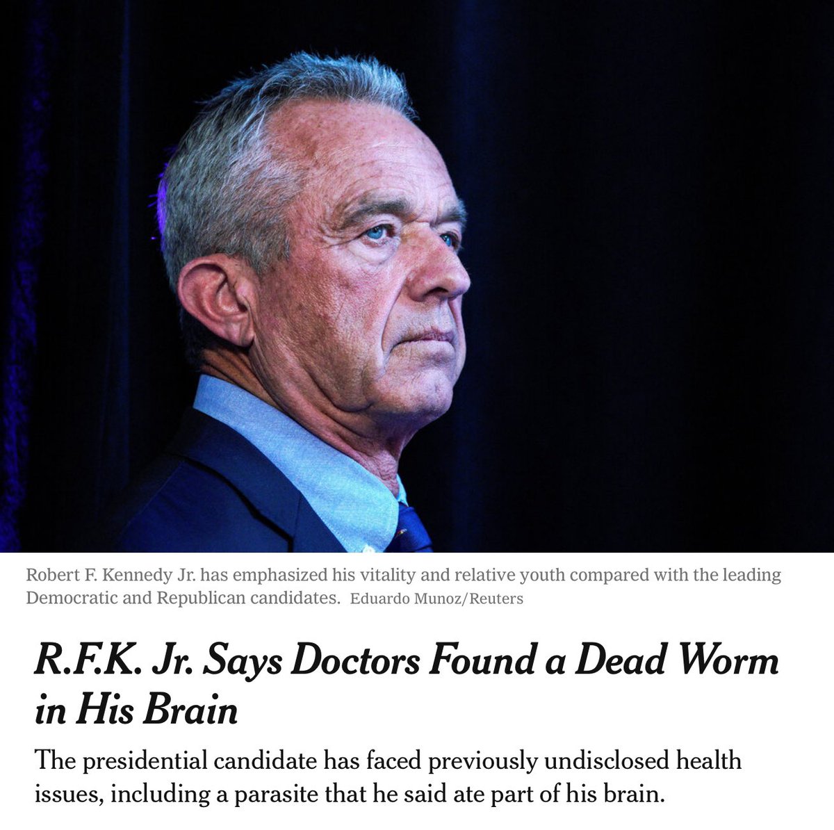 NEW Robert Kennedy Jr. has pitched himself as a younger, healthier alternative to Biden and Trump, but the New York Times obtained a 2012 deposition where Kennedy admitted that “a worm got into my brain and ate a portion of it and then died.” Kennedy testified at the time…