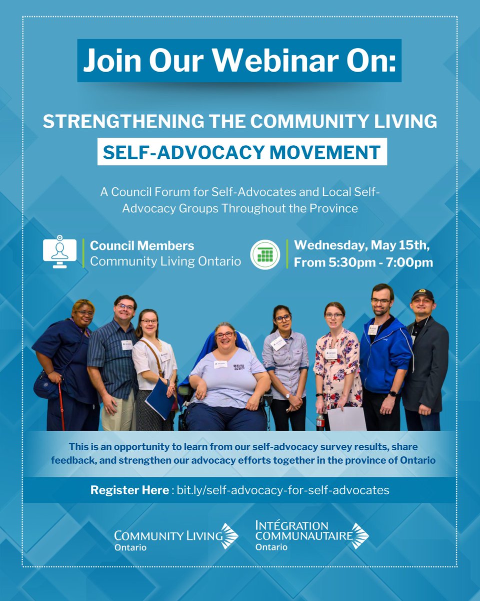 Join our Council-led webinar on May 15, 2024 from 5:30 p.m. – 7:00 p.m. ET. This webinar is for self-advocates and local self-advocacy groups across Ontario to engage with the Council of CLO. Register here: bit.ly/self-advocacy-…